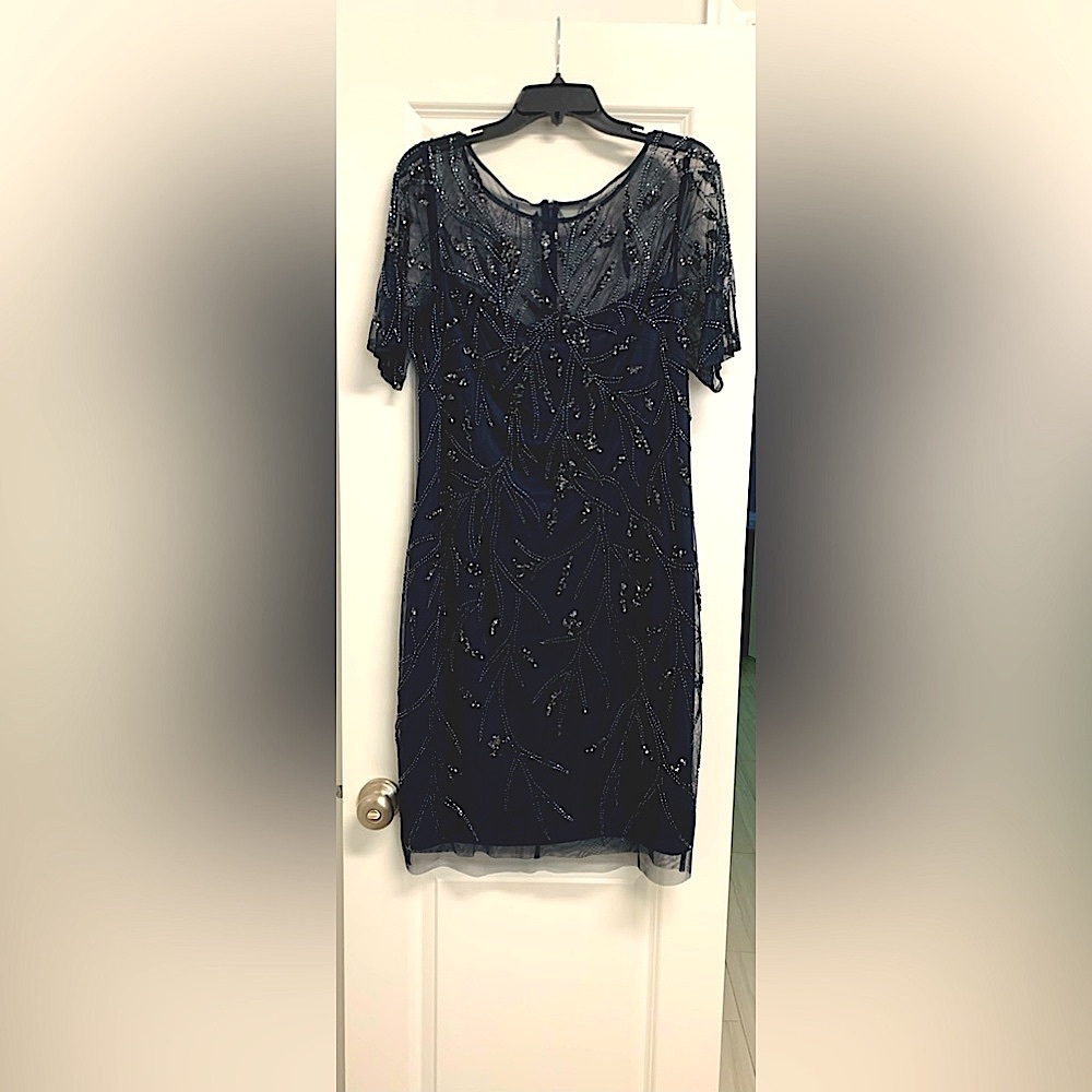 Adrianna Papell sequin and bead dress in dark blue- size 16